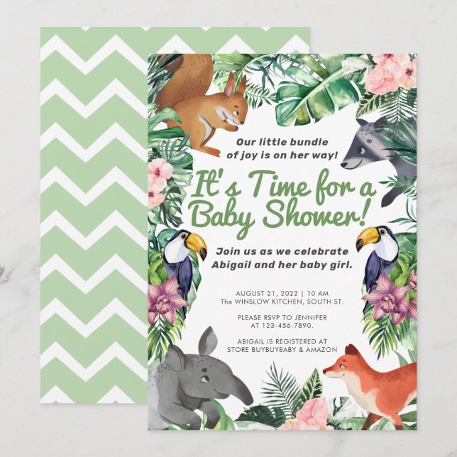 Hawaii Tropical Animals Girl Baby Shower  Invitation (Front/Back)