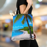Hawaii Tropical Beach Palm Tree On Beach Type Tote Bag<br><div class="desc">“On beach time.” Rewind back to memories of lazy, tropical beach days whenever you use this inspirational Hawaii vacation photo tote bag of a lone palm tree on a sandy, crescent beach, with clear turquoise blue skies and water. Makes a great gift for yourself or someone special! You can easily...</div>