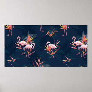 Hawaii Tropical Flamingo With Bird of Paradise Flo Poster