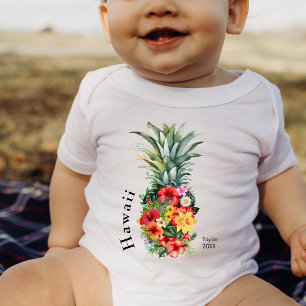 Hawaii Tropical Pineapple w/ Flowers, Family Name Baby Bodysuit