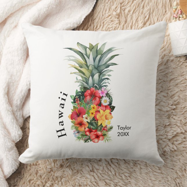 Hawaii Tropical Pineapple w/ Flowers, Family Name Throw Pillow (Blanket)