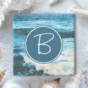 Hawaii Turquoise Blue Ocean Waves Monogram Initial Stone Coaster