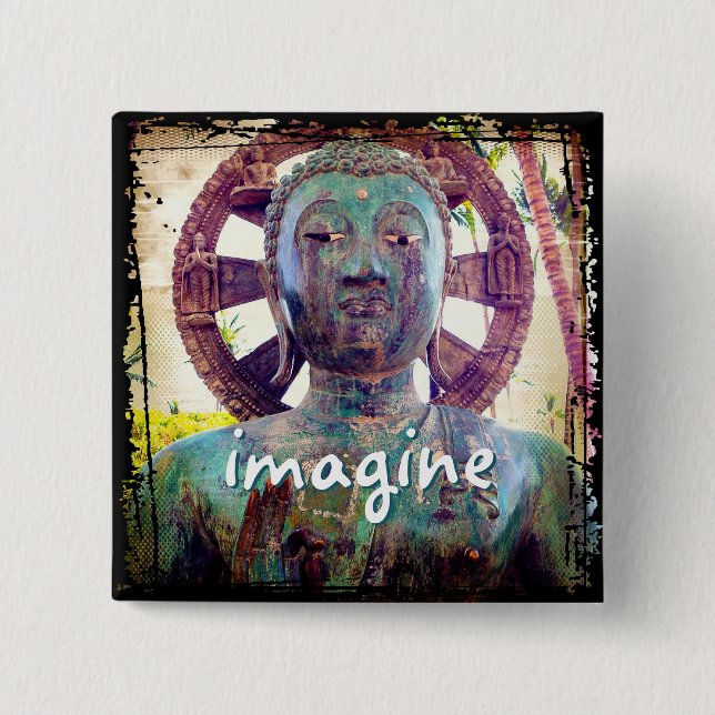 Hawaii Turquoise Buddha Photo Imagine Script Bold 2 Inch Square Button (Front)