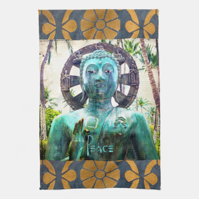 Hawaii Turquoise Buddha Photo Peace Quote Stylish Kitchen Towel (Vertical)
