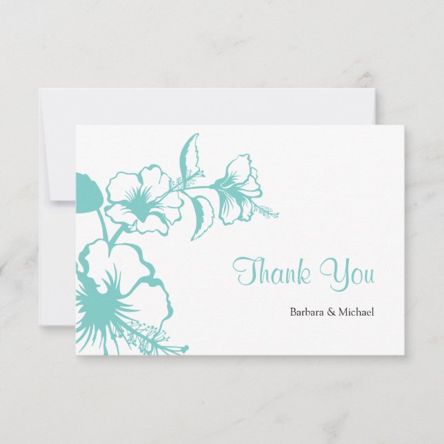 Hawaii Turquoise Hibiscus Destination Wedding Thank You Card (Front)