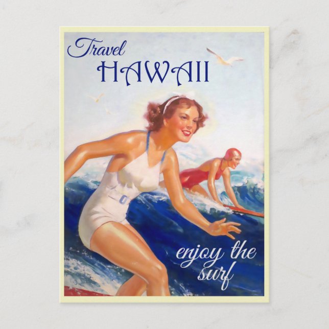 Hawaii US Woman Surf Vintage Travel Postcard (Front)
