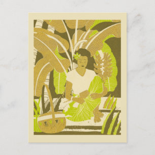 Hawaii vintage Art Woman with Leaves Postcard