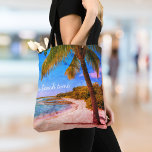 Hawaii Vintage Palm Tree Photo On Beach Time Quote Tote Bag<br><div class="desc">“On beach time.” Rewind back to memories of lazy, tropical beach days whenever you enjoy this Hawaii vacation funky, retro, vintage look, distressed photo tote bag of a lone palm tree on a sandy, crescent beach, with clear turquoise blue skies and water. Makes a great gift for yourself or someone...</div>