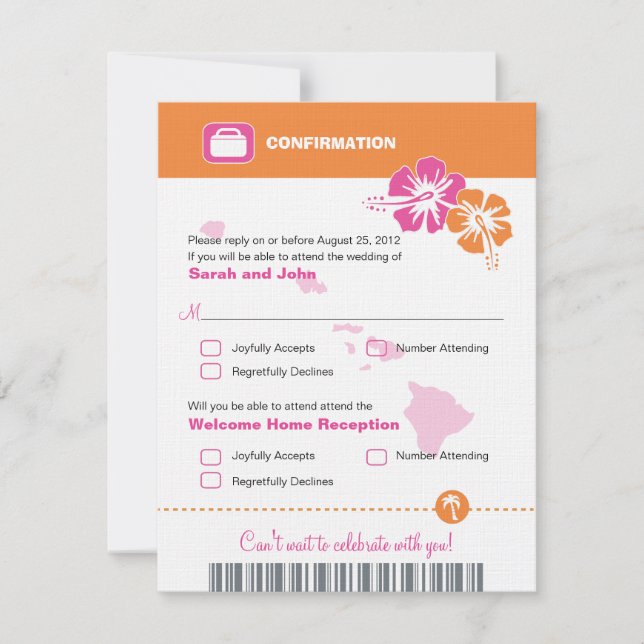Hawaii Wedding RSVP Confirmation Boarding Pass Card (Front)