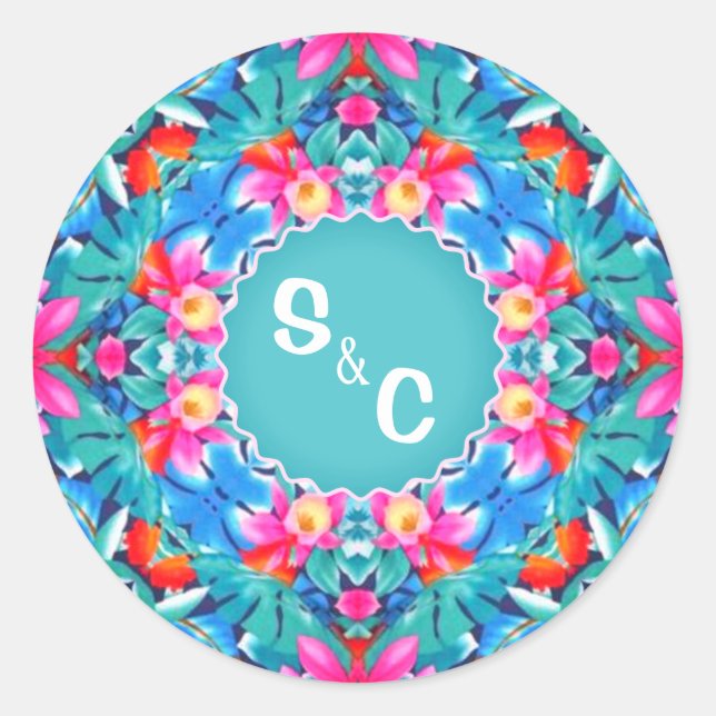 Hawaiian Abstract Monogram Couple Classic Round St Sticker (Front)
