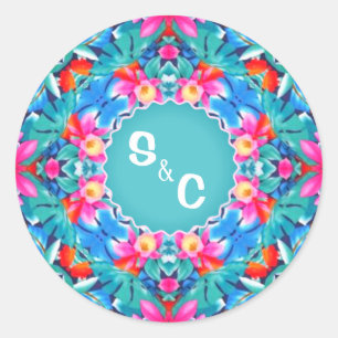 Hawaiian Abstract Monogram Couple Classic Round St Sticker