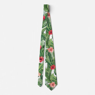 Hawaiian Aloha Wear Tropical Flower Leaf Green Red Tie
