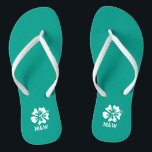Hawaiian beach flower monogram wedding flip flops<br><div class="desc">Personalized Hawaiian beach flower monogram wedding flip flops for bride and groom or guests. Elegant party favour set with custom last name or monogram and tropical Hibiscus floral. Custom background and strap colour for him and her / men and women. Romantic aqua turquoise blue and white his and hers wedge...</div>