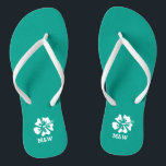 Hawaiian beach flower monogram wedding flip flops<br><div class="desc">Personalized Hawaiian beach flower monogram wedding flip flops for bride and groom or guests. Elegant party favour set with custom last name or monogram and tropical Hibiscus floral. Custom background and strap colour for him and her / men and women. Romantic aqua turquoise blue and white his and hers wedge...</div>