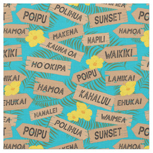 Hawaiian Beach Names on Bright Blue Fabric