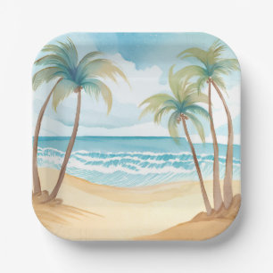 Hawaiian Beach   Palm Tree Tropical Watercolor Paper Plate