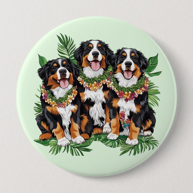Hawaiian Bernese Mountain Dogs Flower Lei 4 Inch Round Button (Front)