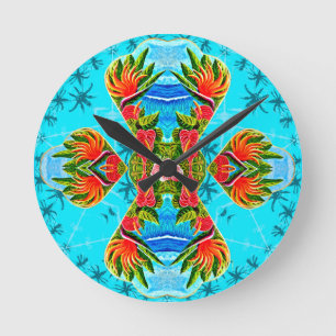 Hawaiian Bird of Paradise Cross (Blue) Round Clock