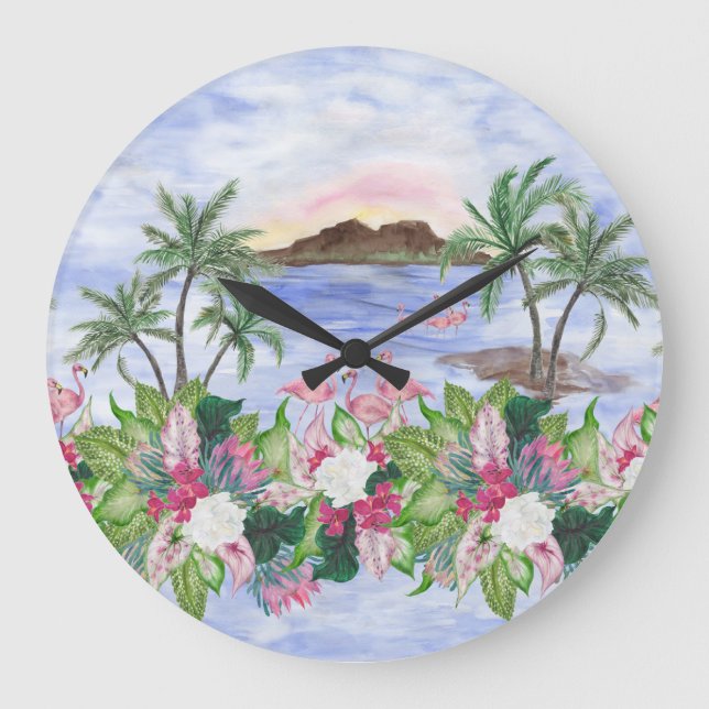 Hawaiian Bliss: Tropical Watercolor Pattern Large Clock (Front)
