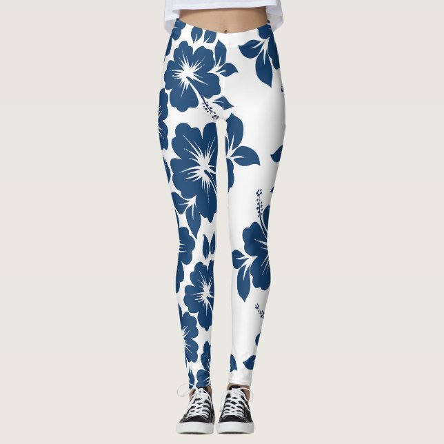 Hawaiian Blue Hibiscus Flowers Leggings (Front)