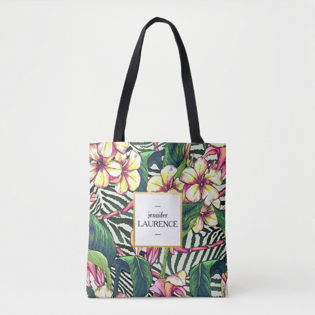 Hawaiian Bold Plumeria Floral Personalized Tote Bag (Front)