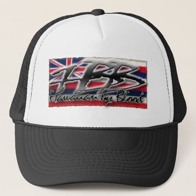 Hawaiian by Blood w flag Trucker Hat (Front)