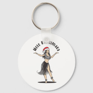 Hawaiian Christmas Hula Skirt Girl Santa Hat Mele Keychain