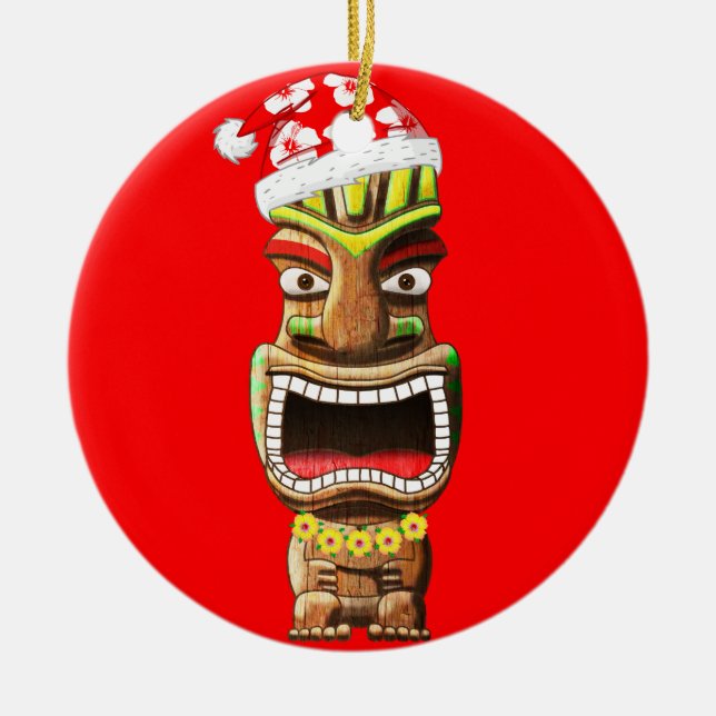Hawaiian Christmas Santa Tiki Ceramic Ornament (Front)