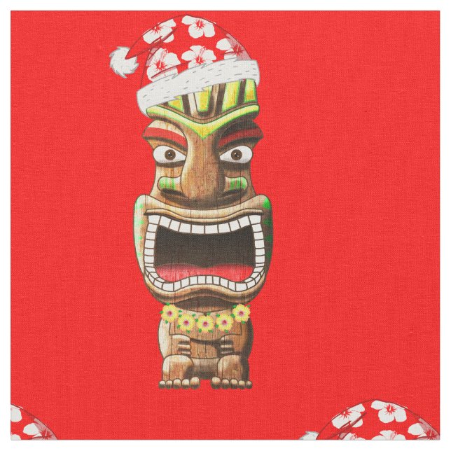 Hawaiian Christmas Santa Tiki Fabric (Close Up)