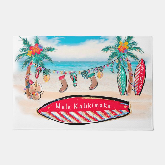 Hawaiian Christmas Surf Board Welcome Mat (Front)
