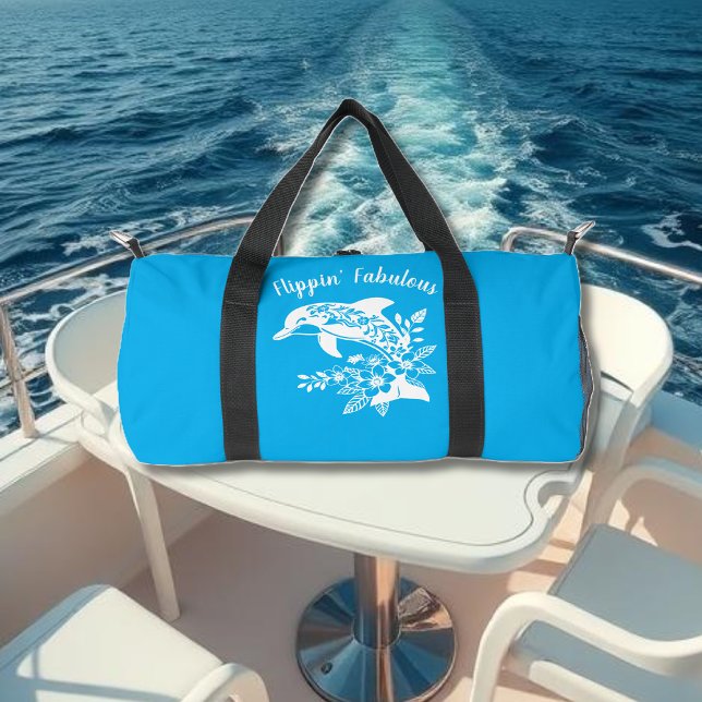 Hawaiian Dolphin Flippin' Fabulous Blue Duffle Bag (Hawaiian Dolphin, Flippin Fabulous, Islander Summer, Beach, Travel, Fisherman Trend, Tropical floral)
