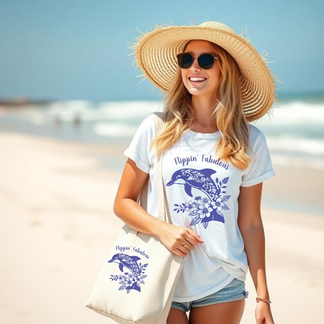 Hawaiian Dolphin-Flippin' Fabulous-Blue Large Tote Bag (Flippin Fabulous-Hawaiian Dolphin-Tropical Flowers-Fisherman Core-Beach bag-Large Beach Bag-Blue)