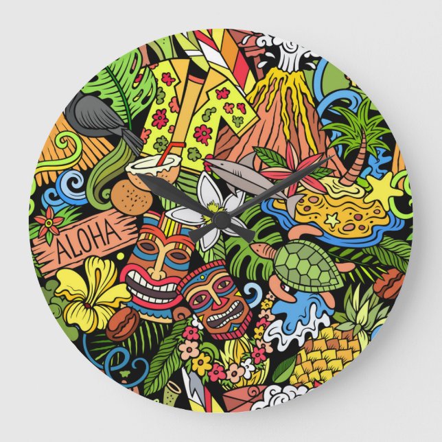 Hawaiian doodles: colourful, seamless cartoon patt large clock (Front)