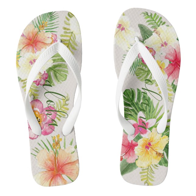 Hawaiian Elegant Tropical Floral Watercolor Flip Flops (Footbed)
