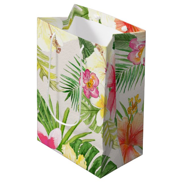 Hawaiian Elegant Tropical Floral Watercolor Medium Gift Bag (Front Angled)