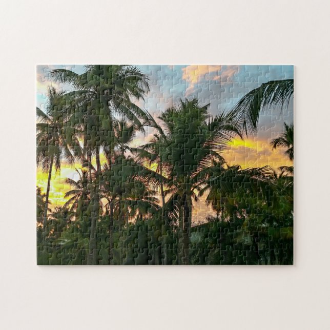 Hawaiian Exotic Beach Palm Trees Sunset Jigsaw Puzzle (Horizontal)