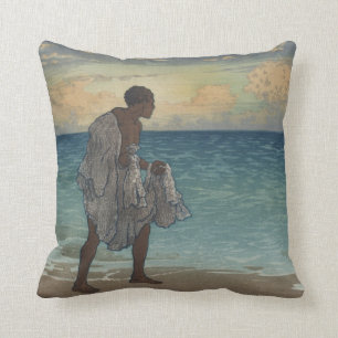 Hawaiian Fisherman Vintage Art, 1920s Throw Pillow