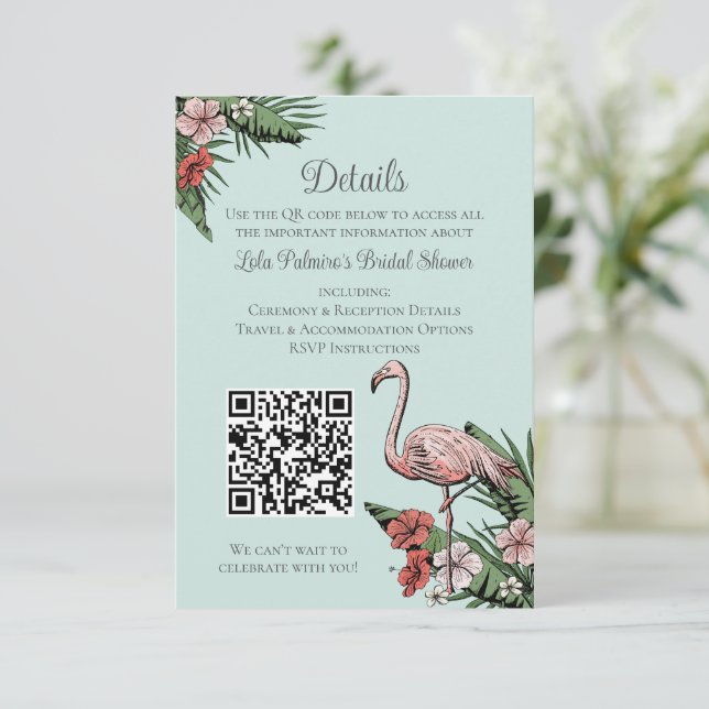 Hawaiian Flamingo Bridal Shower Website QR Code Enclosure Card (Standing Front)