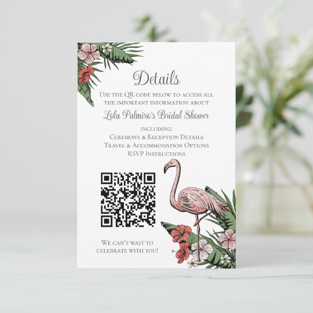 Hawaiian Flamingo Bridal Shower Website QR Code Enclosure Card (Standing Front)