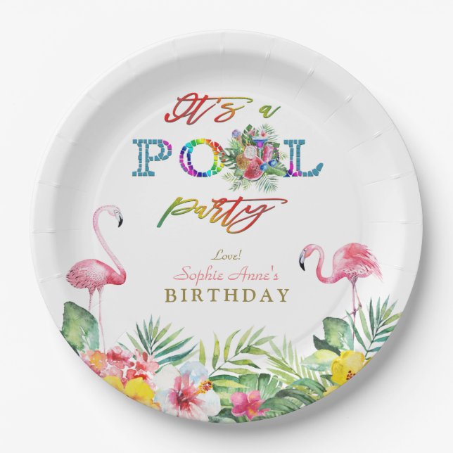 Hawaiian Floral Fruits Birds Pool Birthday Paper Plate (Front)