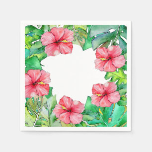 Hawaiian Floral Pink Hibiscus Tropical Leaves  Napkin