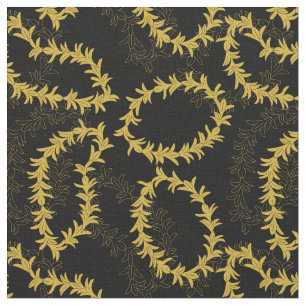 Hawaiian Flower Garlands Patterned Black and Gold Fabric