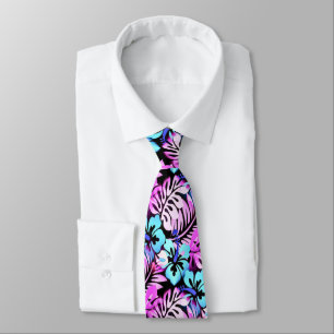 Hawaiian Flowered Pattern Pink Aqua Blue Tie