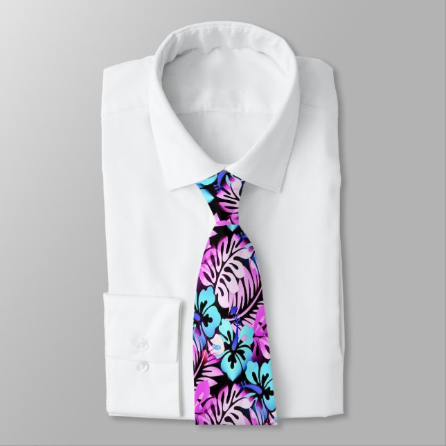 Hawaiian Flowered Pattern Pink Aqua Blue Tie (Tied)