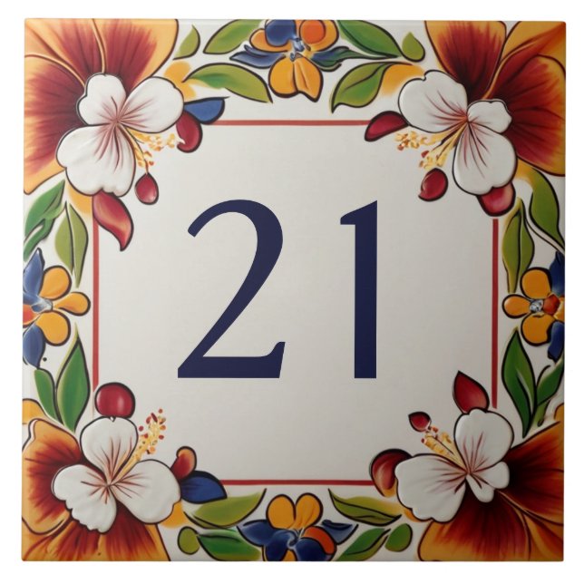 Hawaiian Flowers Floral House Number Sign Plaque Tile (Front)
