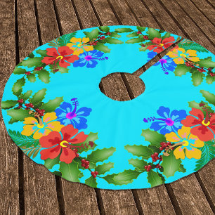 Hawaiian Flowers Hibiscus Aqua Brushed Polyester Tree Skirt