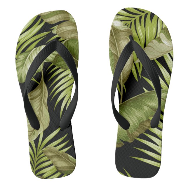 Hawaiian Garden Tropical Leaves | green black Flip Flops (Footbed)