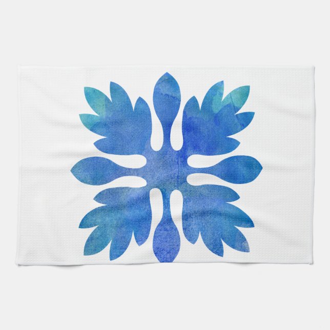 Hawaiian Ginger Quilt Ocean Blue Watercolor Kitchen Towel (Horizontal)