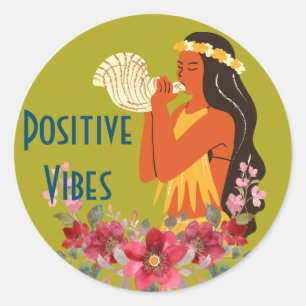 Hawaiian Girl blowing Conch Shell Personalized Classic Round Sticker