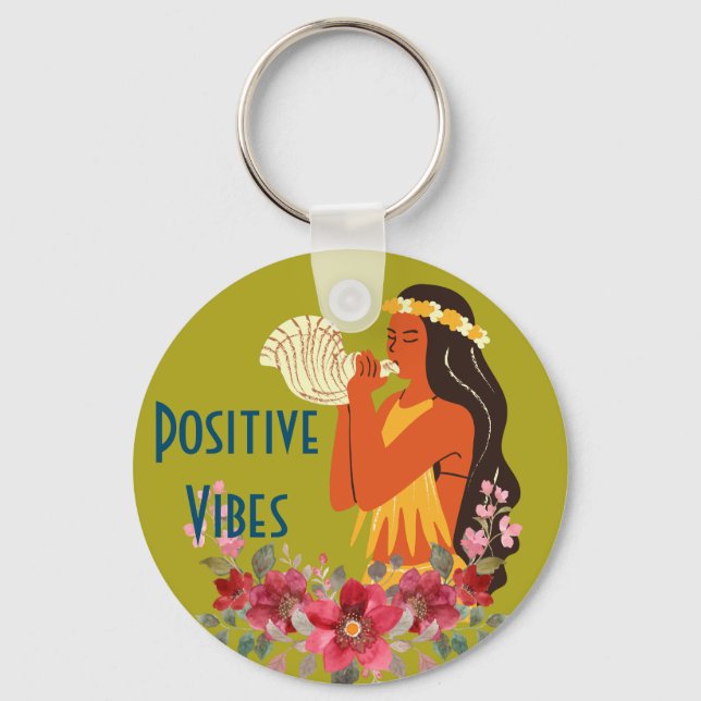 Hawaiian Girl blowing Conch Shell Personalized Keychain (Front)